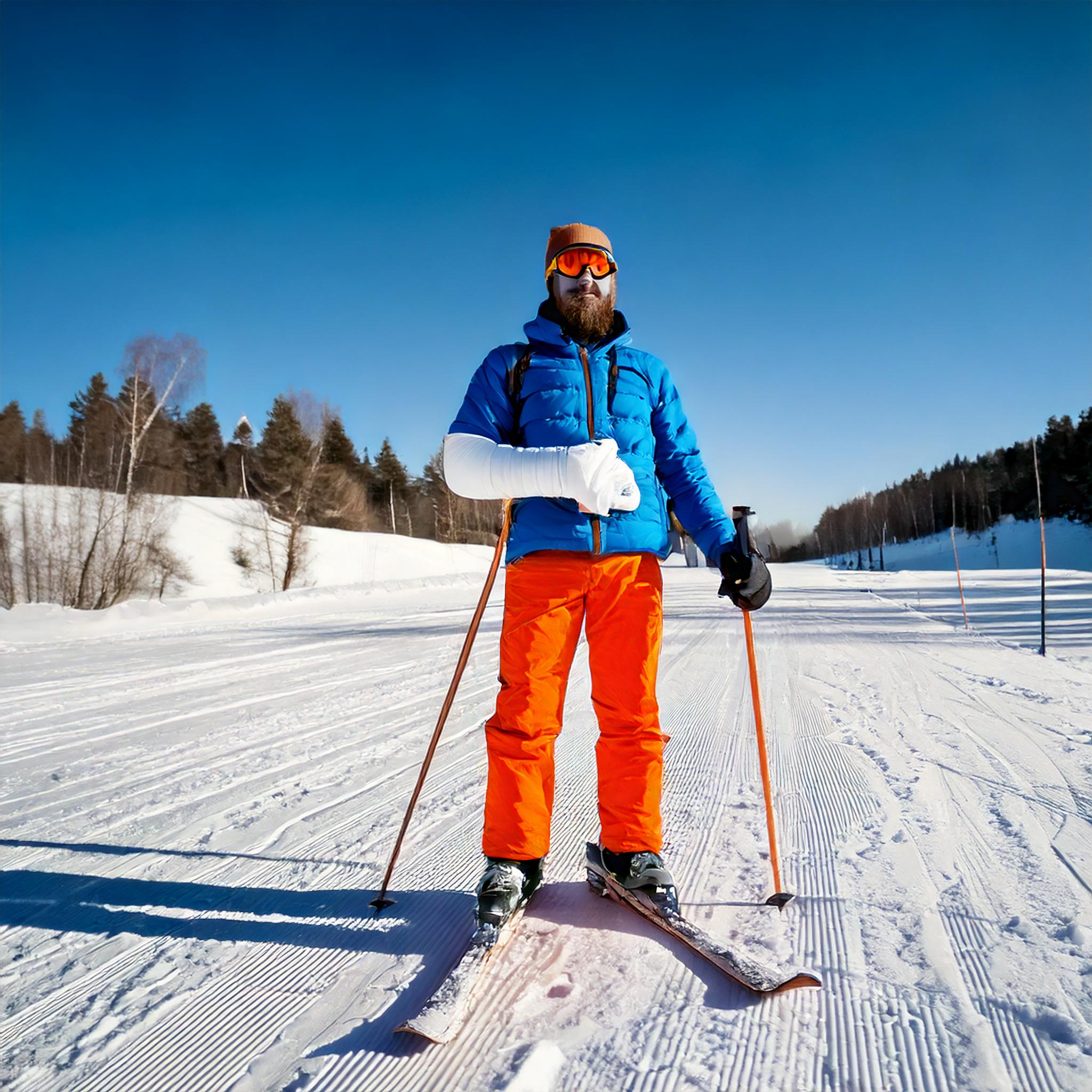 Firefly Standing bearded Man wearing skis, with orange trousers, with blue jacket, with orange...jpg